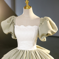 Green Satin Long Prom Dress, A-line Short Sleeve Evening Dress Formal Dress - Thumbnail 2