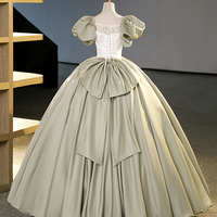 Green Satin Long Prom Dress, A-line Short Sleeve Evening Dress Formal Dress - Thumbnail 4