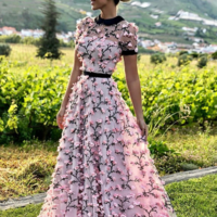 SP1843, A-Line Round Neckline Short Sleeves 3D Floral Long Prom Dress, Discount Price for שירה רום  - Thumbnail 1