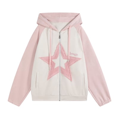 Korean college girl fresh embroidery star pink & blue trendy street style fashion spring summer jacket hoodie