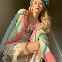 Pastel Pink and Blue Argyle Diamond Pattern Autumn Spring Cozy Knitted Sweet Causal Girl Cardigan Sweater - Thumbnail 2