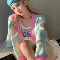 Pastel Pink and Blue Argyle Diamond Pattern Autumn Spring Cozy Knitted Sweet Causal Girl Cardigan Sweater - Thumbnail 3