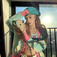 Pastel Pink and Blue Argyle Diamond Pattern Autumn Spring Cozy Knitted Sweet Causal Girl Cardigan Sweater - Thumbnail 5