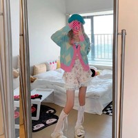 Pastel Pink and Blue Argyle Diamond Pattern Autumn Spring Cozy Knitted Sweet Causal Girl Cardigan Sweater - Thumbnail 4