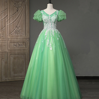 Green Tulle Sequins Long Prom Dress, Beautiful A-Line Formal Dress - Thumbnail 3