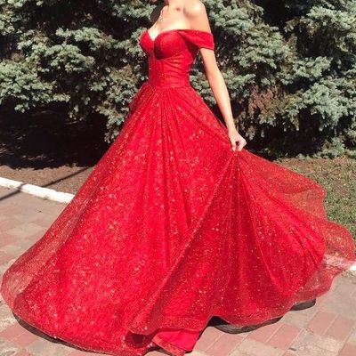 Sparkly off shoulder red long prom dress glitter evening dresses,915