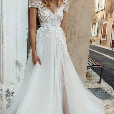 Wedding dresses,off the shoulder applique lace tulle wedding gown with high split,918