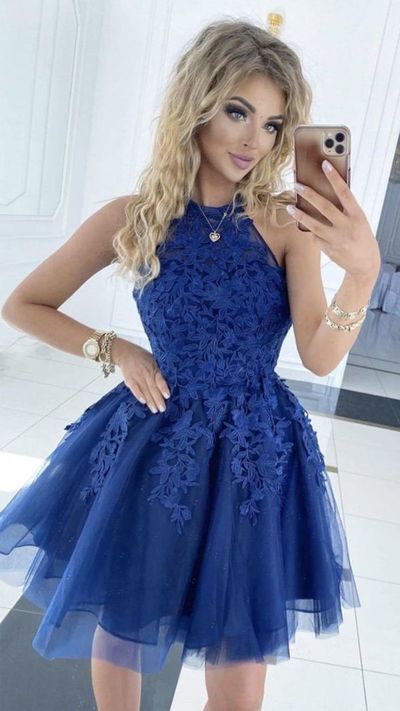 Royal Blue Tulle Homecoming Dresses,Applique Mini Dance Dresses,920