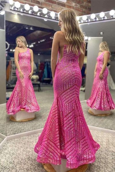 Mermaid One Shoulder Hot Pink Long Prom Dress,922