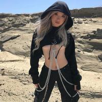 High Waist Chain Hoodie Sweatshirt Top - Thumbnail 4