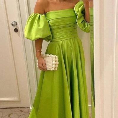Off shoulder puff sleeve floor length prom dresses - Thumbnail 1