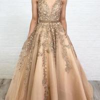 A Line V-neck Long Prom Dress with Appliques and Beading - Thumbnail 1