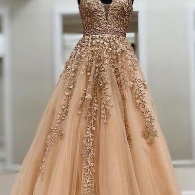 A line v-neck long prom dress with appliques and beading - Thumbnail 2