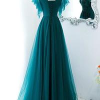 A-line Long Tulle Formal Dress with Flutter Sleeves - Thumbnail 1