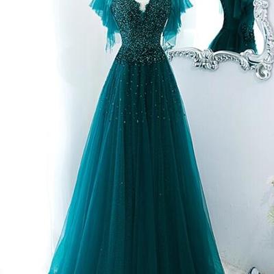 A-line long tulle formal dress with flutter sleeves - Thumbnail 2
