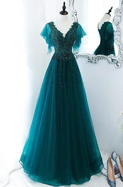 A-line Long Tulle Formal Dress with Flutter Sleeves