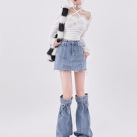 American Girl Style Sexy Summer Girl Blue Denim Y2K High Waist Skirt & Leg warmers Two Piece - Thumbnail 2