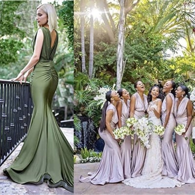 V neck v back bridesmaid dresses olive green - Thumbnail 2