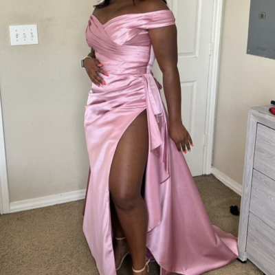 Off shoulder pink prom dresses slit side for women - Thumbnail 1