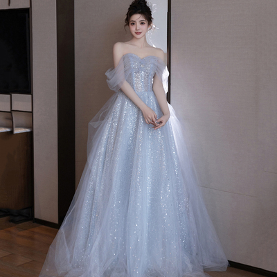 Cute tulle sequins long prom dress, blue a-line evening dress - Thumbnail 2