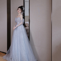 Cute Tulle Sequins Long Prom Dress, Blue A-Line Evening Dress - Thumbnail 1