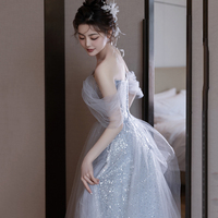 Cute Tulle Sequins Long Prom Dress, Blue A-Line Evening Dress - Thumbnail 2