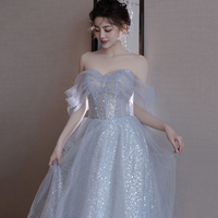 Cute Tulle Sequins Long Prom Dress, Blue A-Line Evening Dress - Thumbnail 3