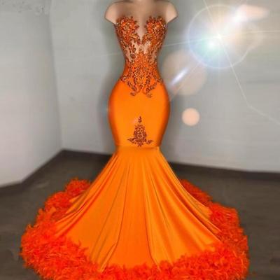 Mermaid a line orange feathers long prom dresses  - Thumbnail 1