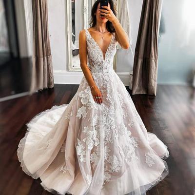 Mermaid a-line v neck tulle wedding dresses with lace appliques - Thumbnail 1