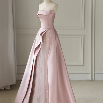 Strapless pink wedding dress a-line satin and pearls beaded tulle vestido casamento floor length wedding gowns bride dress,1527 - Thumbnail 1
