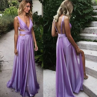 Lavender prom dresses slit side v neck - Thumbnail 1