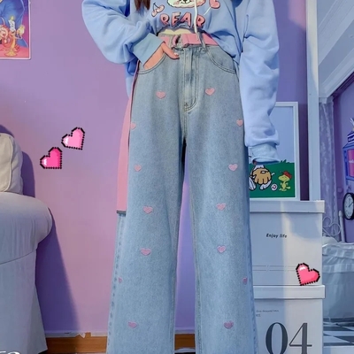 Pink heart embroidery denim jeans  - Thumbnail 5
