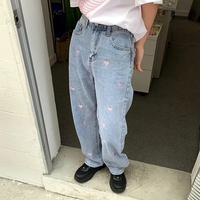 Pink Heart Embroidery Denim Jeans  - Thumbnail 6
