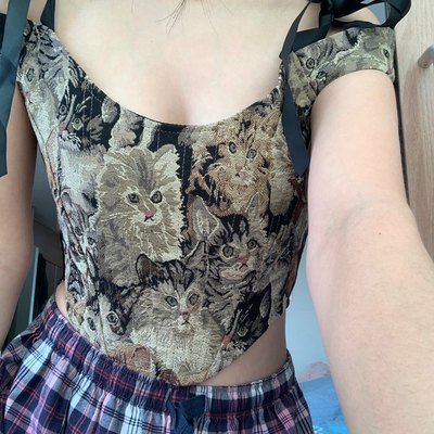 Cat embroidery lace up corset top - Thumbnail 4