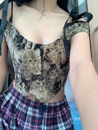 Cat Embroidery Lace Up Corset Top