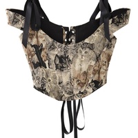 Cat Embroidery Lace Up Corset Top - Thumbnail 1