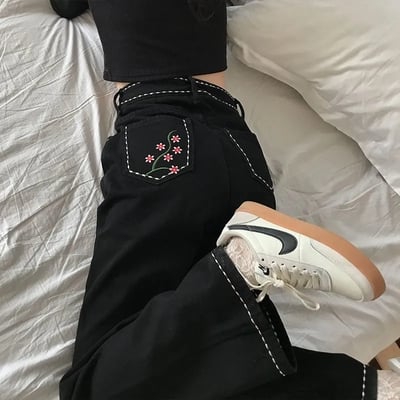 Floral embroidery black cotton pants 