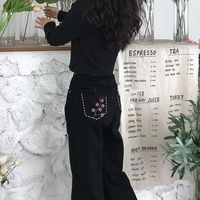 Floral Embroidery Black Cotton Pants  - Thumbnail 3