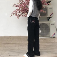 Floral Embroidery Black Cotton Pants  - Thumbnail 5
