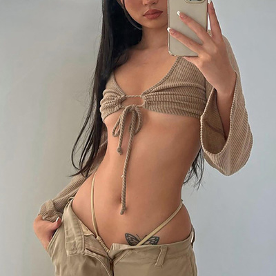 Brown Ruched Bandage Flare Crop Top