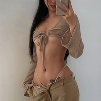 Brown Ruched Bandage Flare Crop Top - Thumbnail 3