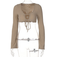 Brown Ruched Bandage Flare Crop Top - Thumbnail 4