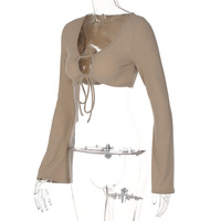 Brown Ruched Bandage Flare Crop Top - Thumbnail 5