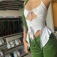 White Irregular Tie Up Halter Top - Thumbnail 3