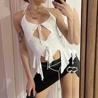 White Irregular Tie Up Halter Top - Thumbnail 4