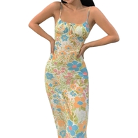 Floral Square Collar Long Bodycon Dress - Thumbnail 3
