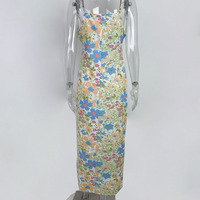 Floral Square Collar Long Bodycon Dress - Thumbnail 4