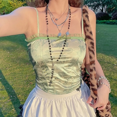 Green Floral Frill Crop Top