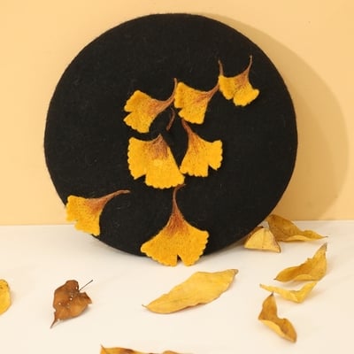 Cute handmade ginkgo leaf & fallen autumn leaves wool beret hat