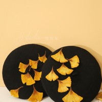 Cute Handmade Ginkgo Leaf & Fallen Autumn Leaves Wool Beret Hat - Thumbnail 6